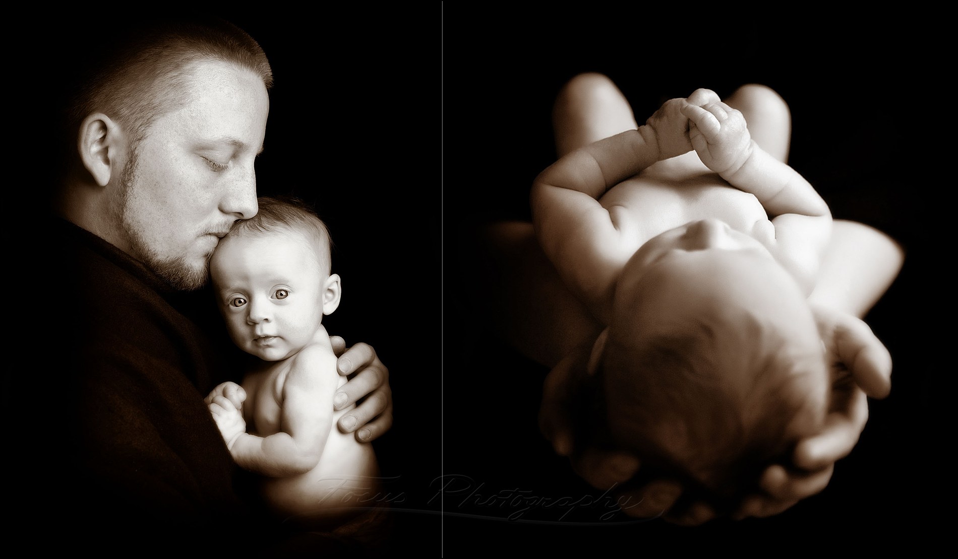 black and white baby pics of father holding newborn