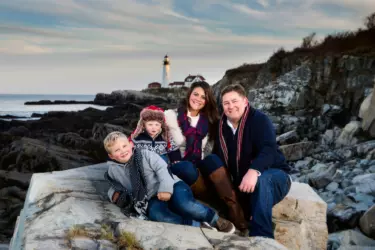 camplin family at light house in cape elizabeth