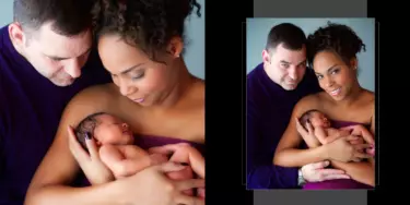 mother and father holding newborn baby in photography studio