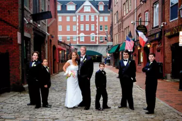 family portrait at wedding in downtown portland, maine
