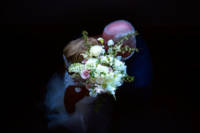 Bride and groom kiss behind wedding bouquet.