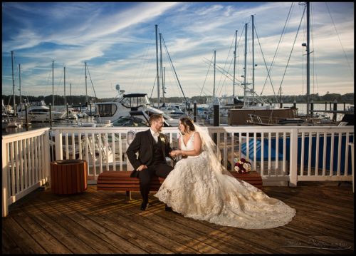 bride and groom at Wentworth by the sea marina