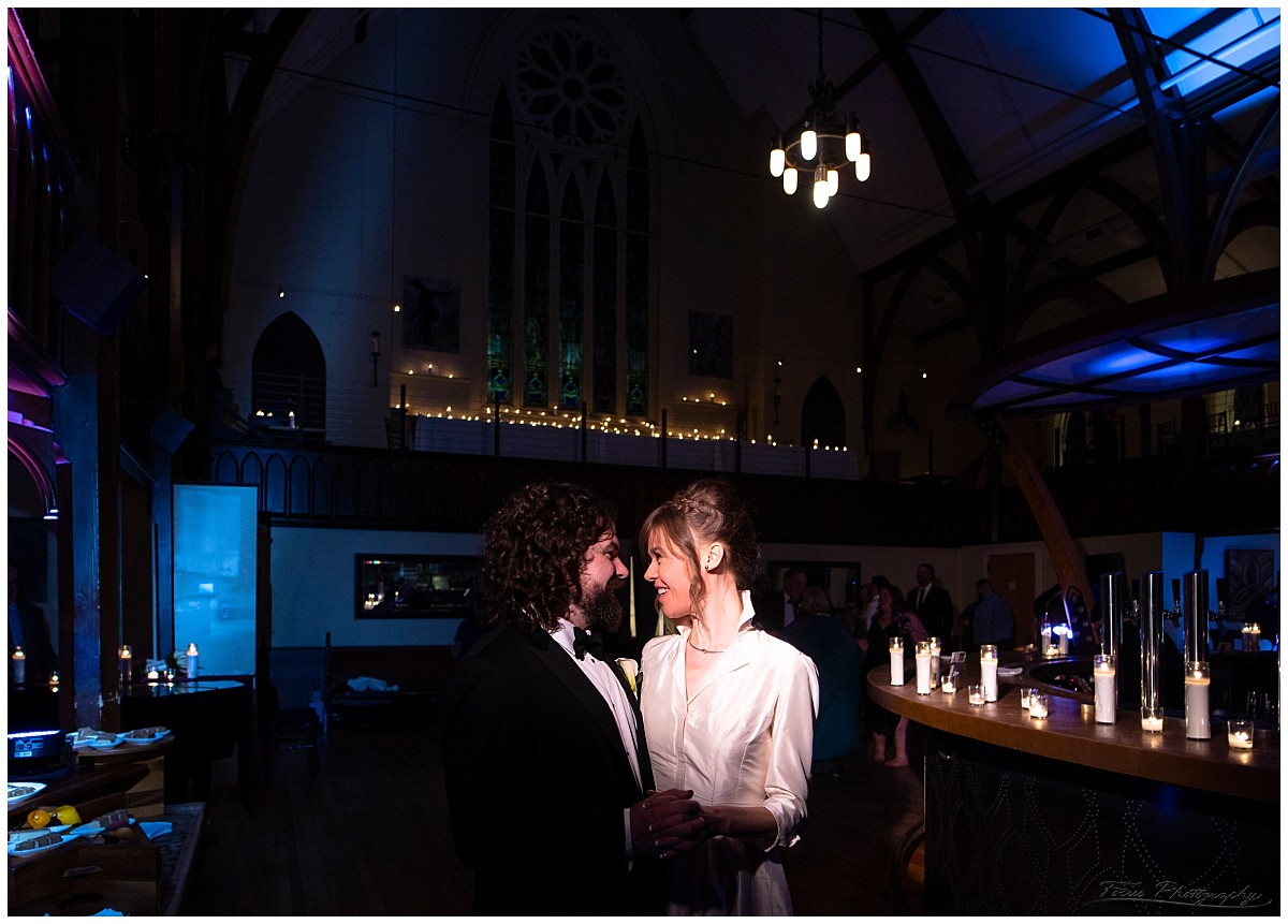 low-light photo of wedding couple at Grace in Portland, Maine