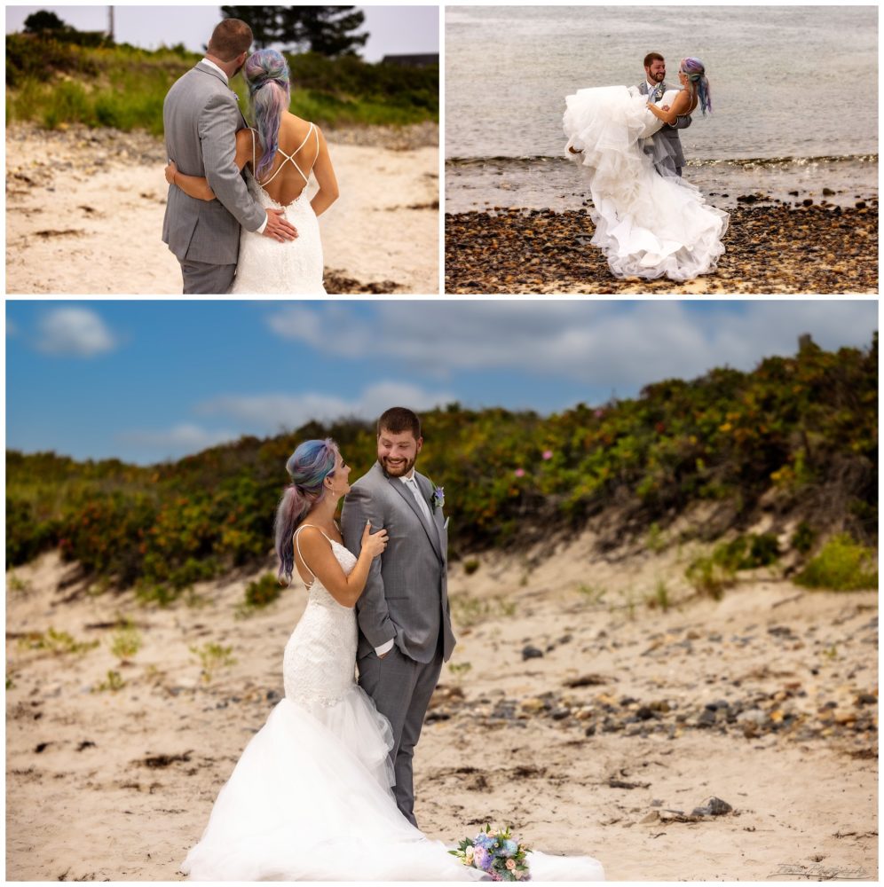 wedding pictures of bride and groom at beach on Drake's Island in Wells, ME