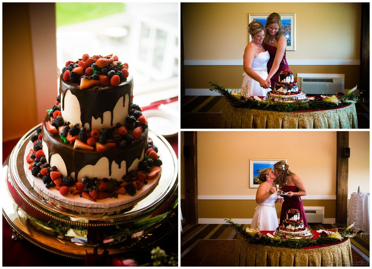 wedding cake and brides cutting it