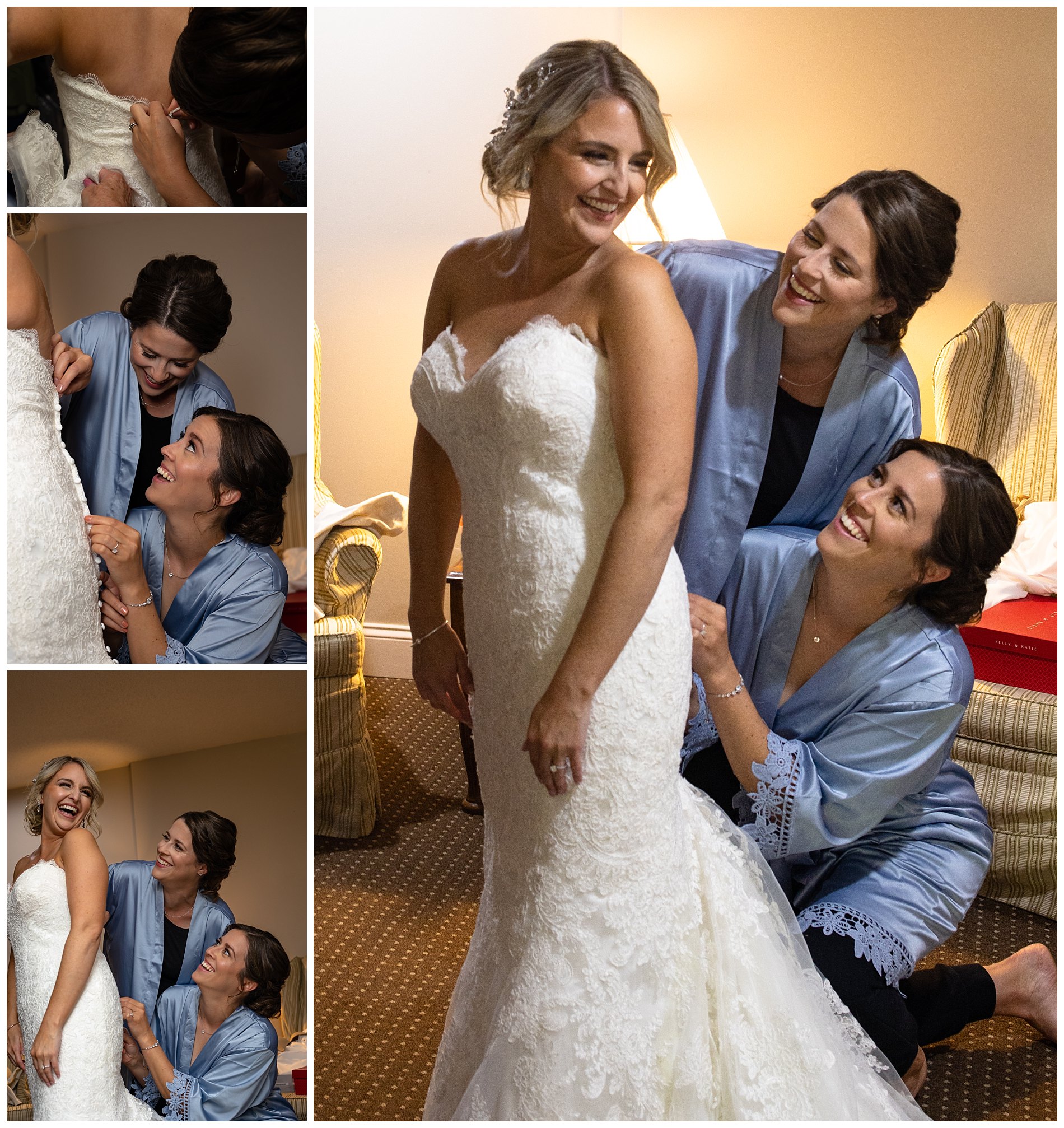 cousins help bride into dress