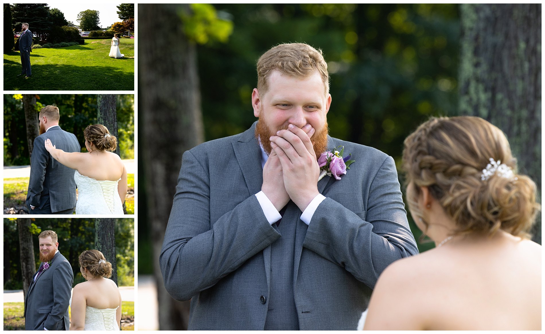 first look reaction shot of groom on seeing bride at dunegrass wedding in old orchard beach, maine