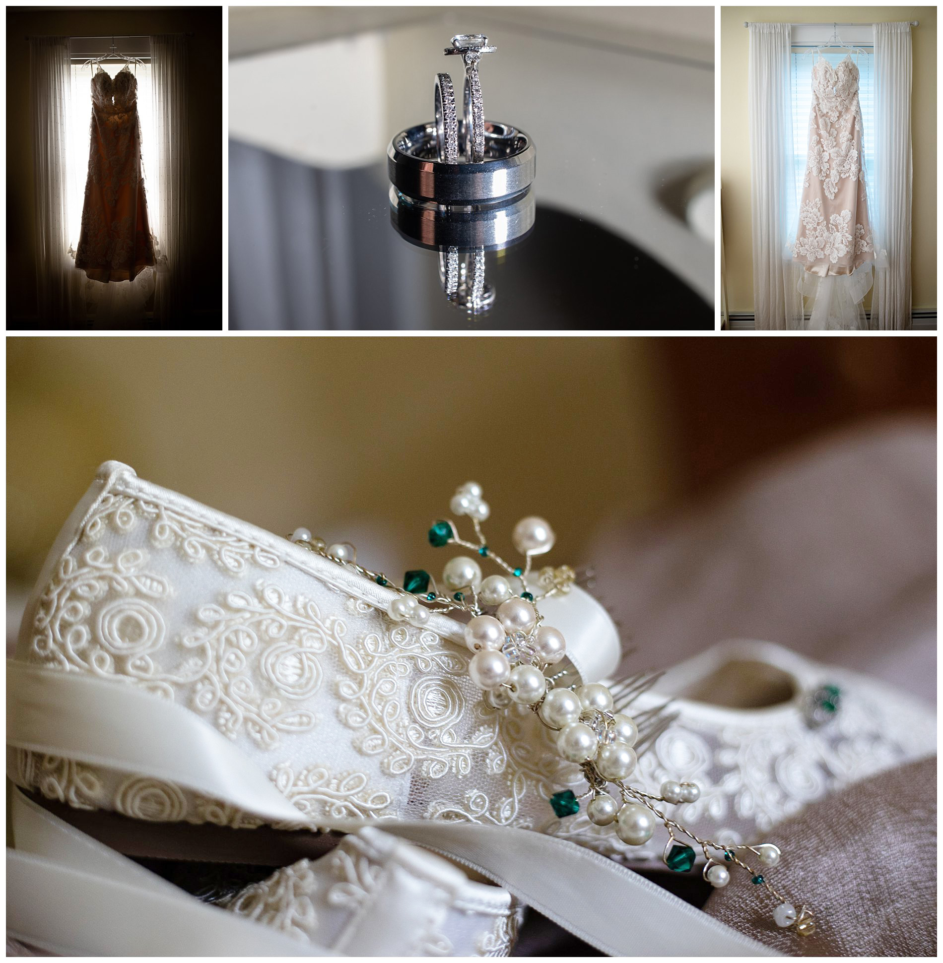 wedding details for the bride - dress, rings, shoes, jewelry