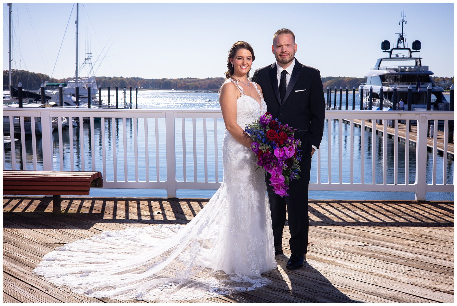 formal portrait of bride and groom at wentworth by the sea marina on wedding day