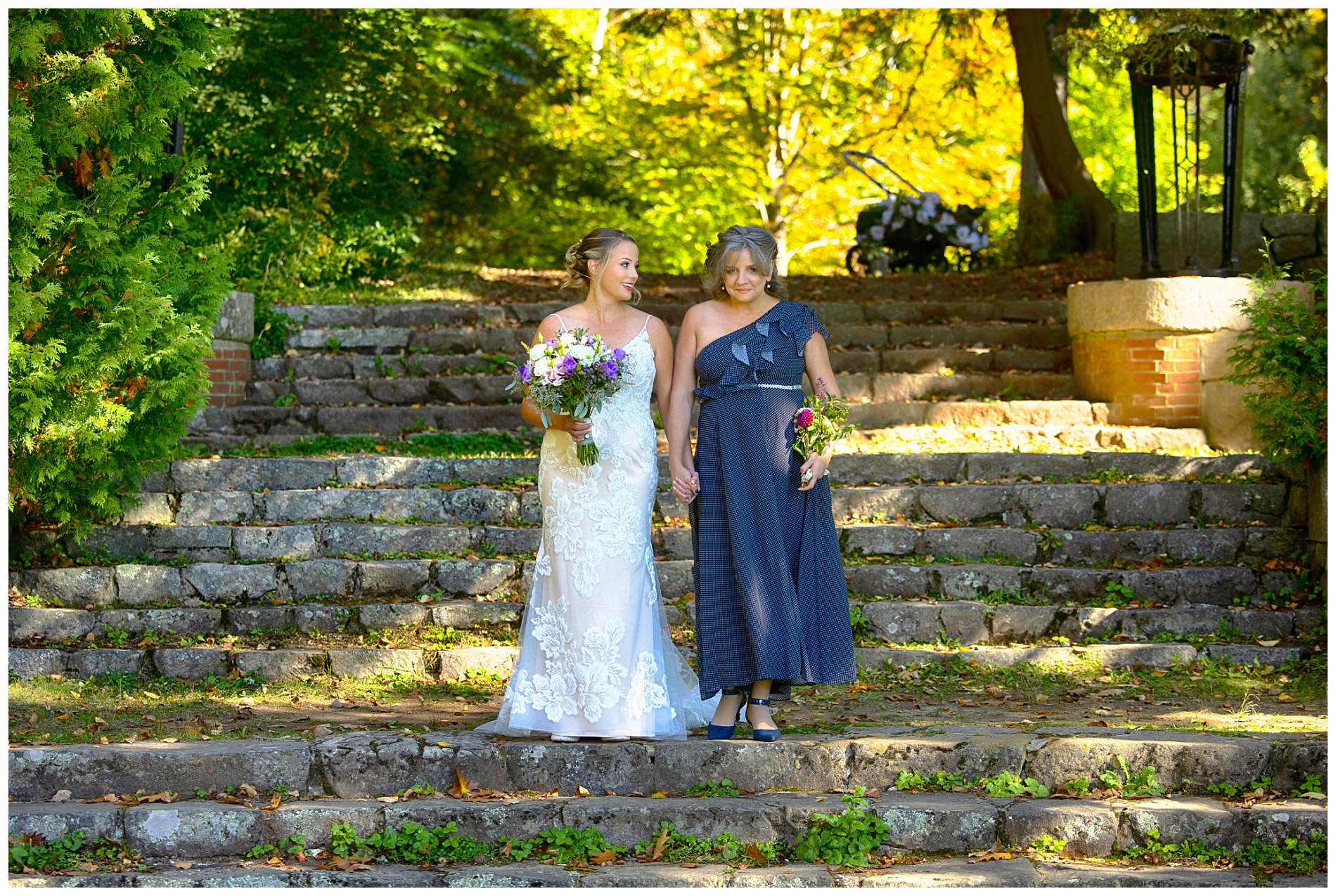 bride and her mom walk down aisle at camden maine wedding ceremony