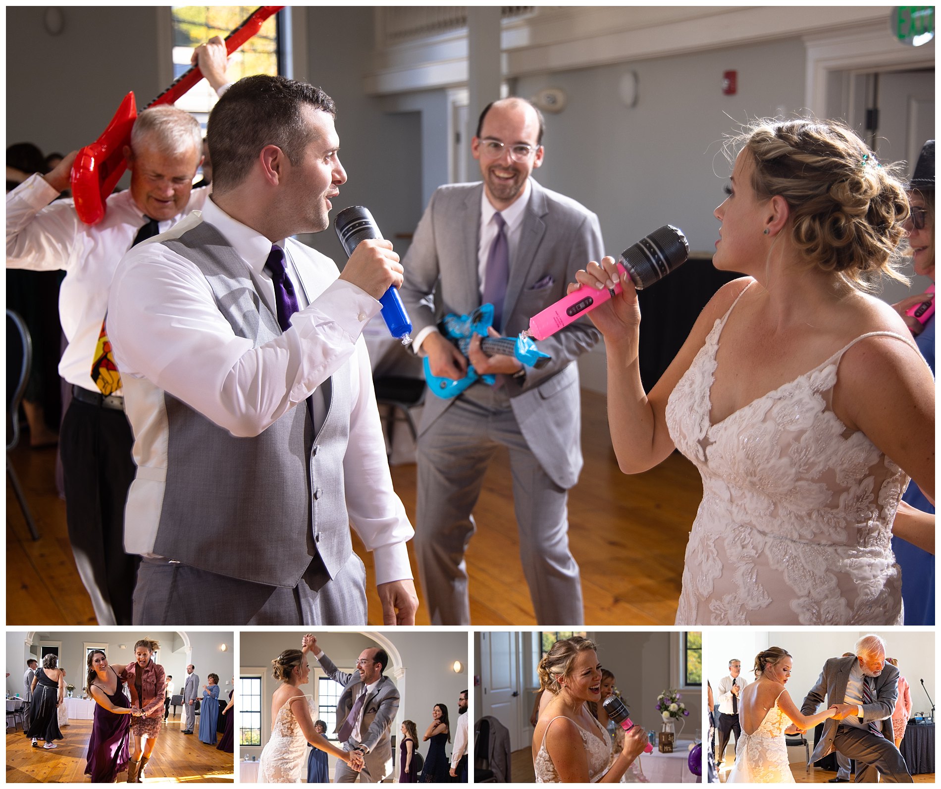 wedding dance floor fun with prop microphones and instruments