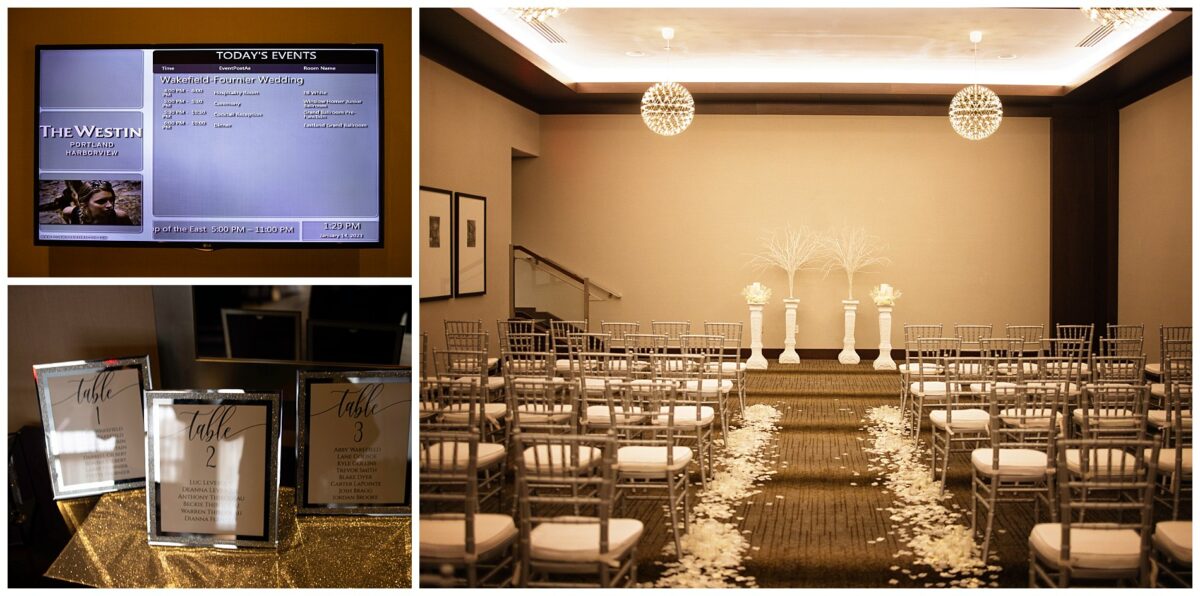 Ceremony location with flowers in the aisle, and a hotel television with wedding information on it.