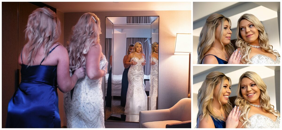 Maid of honor gets bride into her wedding dress