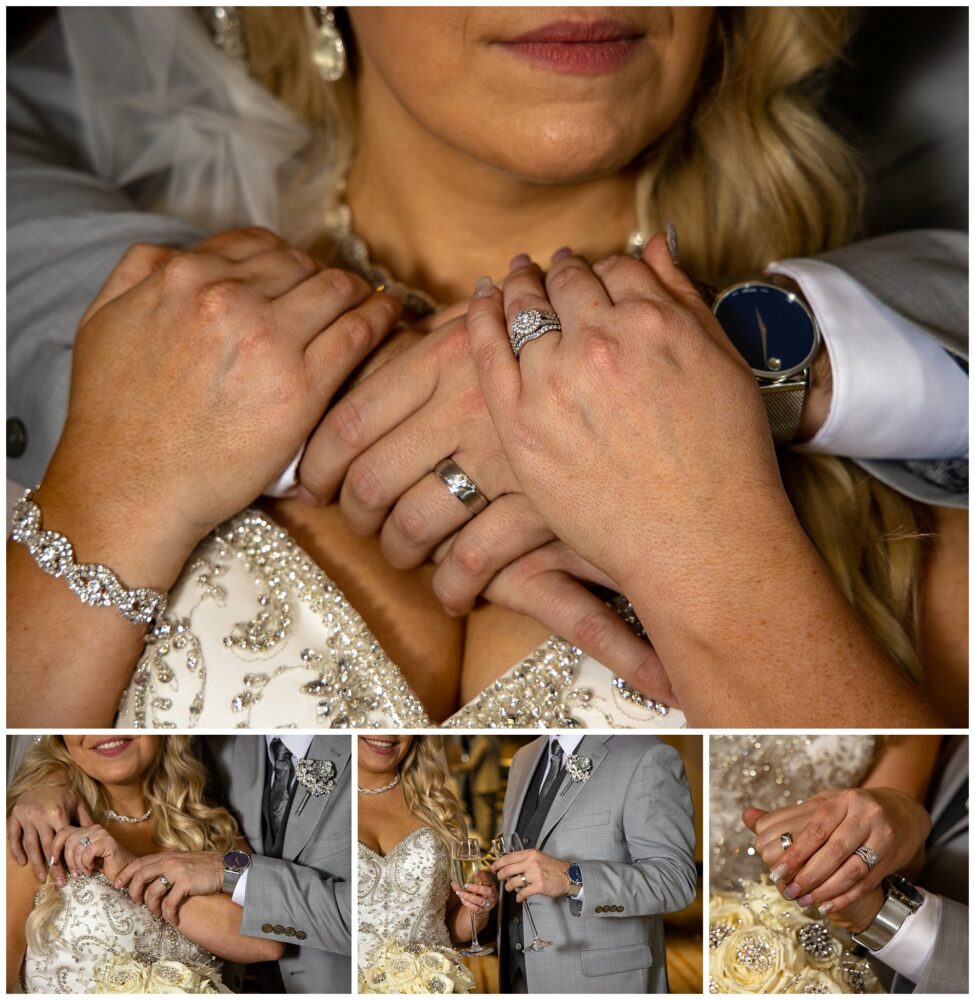 Wedding rings on couple’s hands at Westin wedding