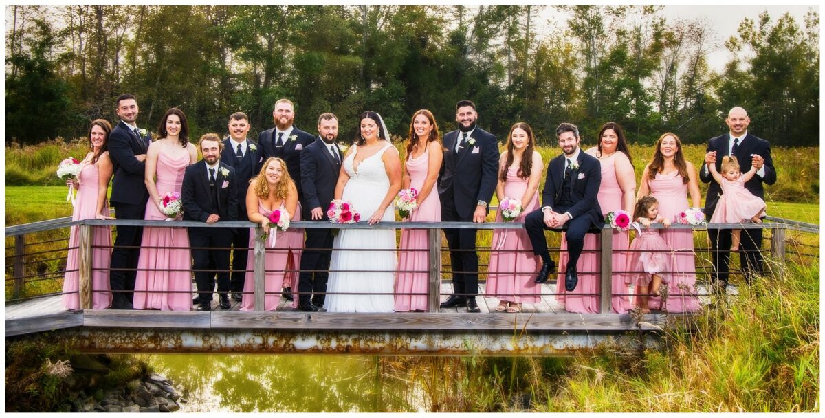 The complete wedding party.  This bridge is out in back of the property at EverAfter