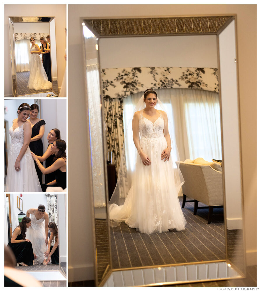 Not only does the Spruce Point Inn have a great getting ready room, but they have this GORGEOUS mirror against the wall.  Marina and that dress are pretty gorgeous too!