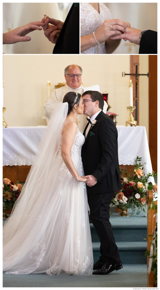 Exchange of wedding rings and kiss at the altar