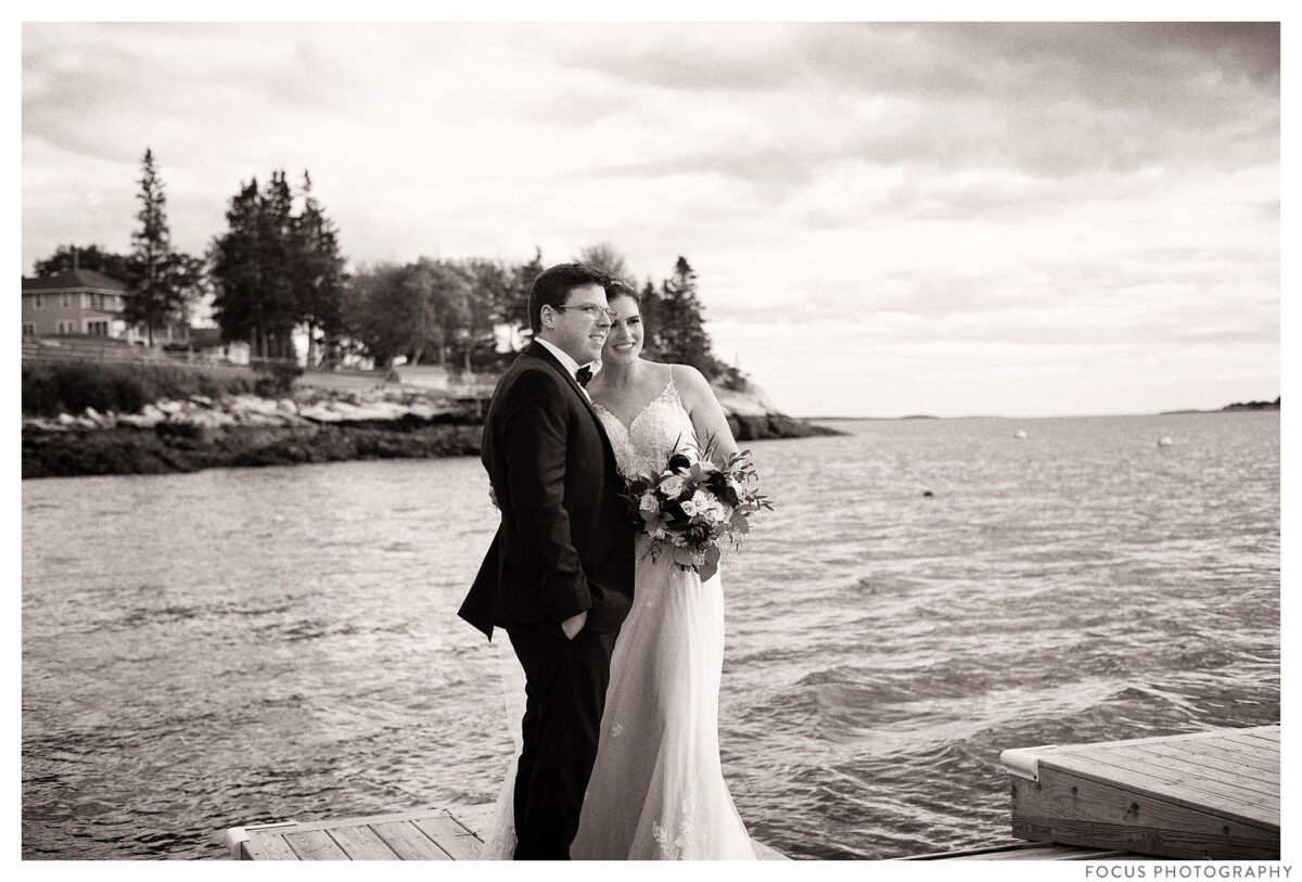 black and white of Spruce Point Inn dock in boothbay harbor wedding pictures