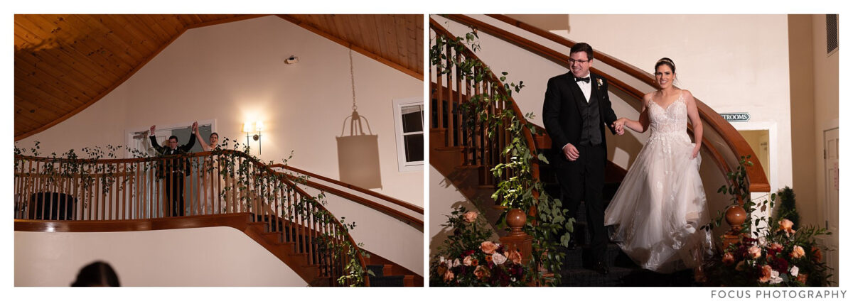 Wedding couple descend the staircase to ballroom at spruce point inn