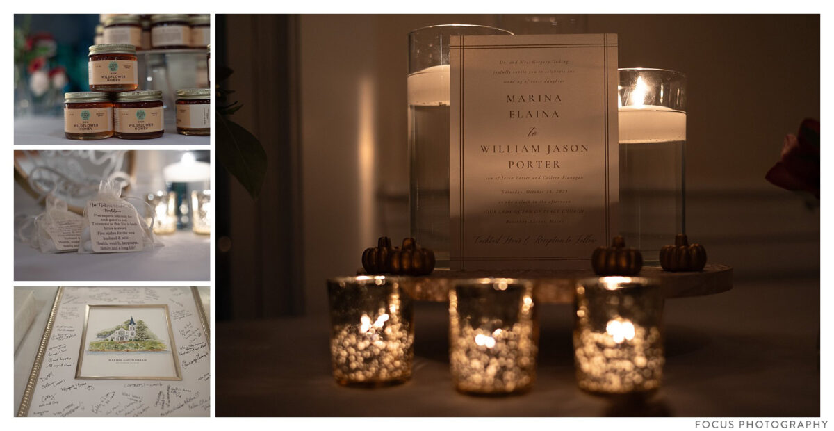 detail from reception - candles, invite, sign in print, honey