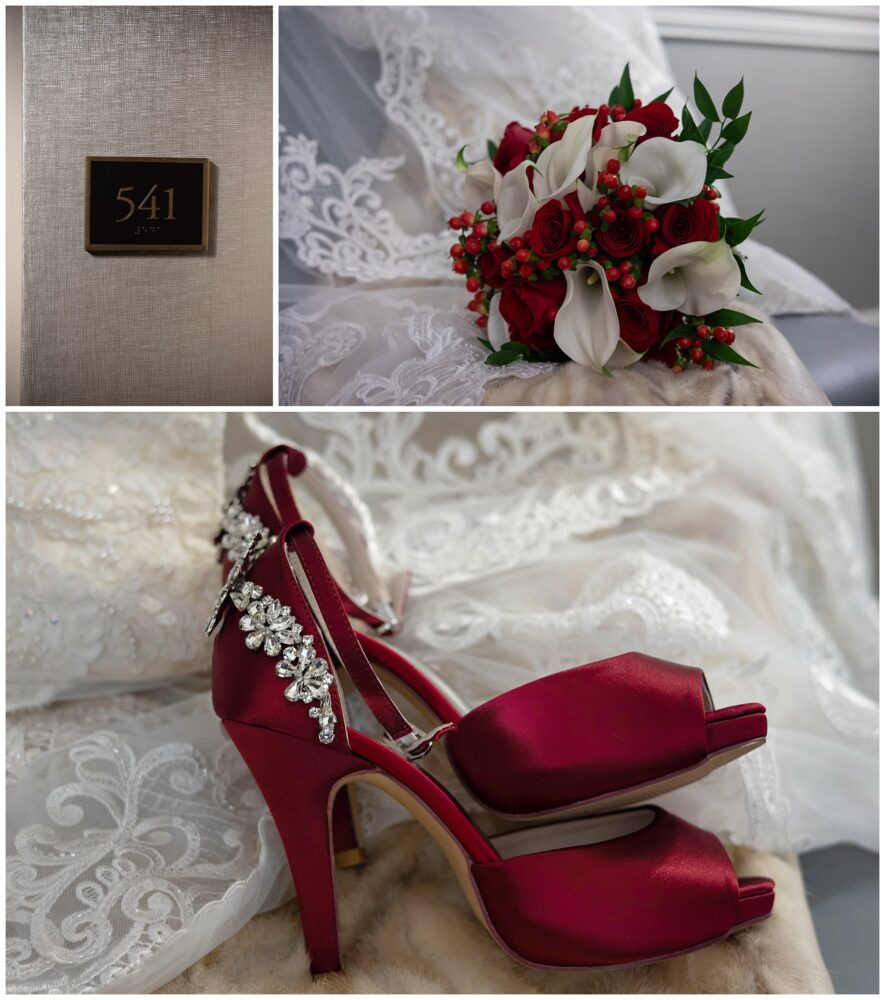 Bride’s shoes and flowers in her room at the fairmont Copley hotel