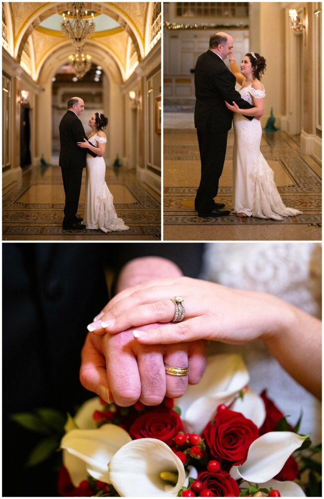 Bride and groom dancing in the hallways at the fairmont Copley, and their wedding rings