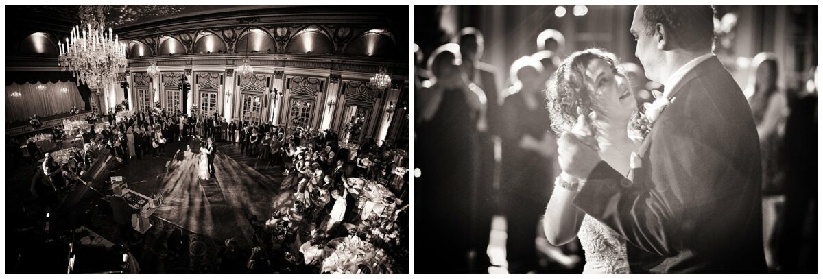 First dance in black and white. Panorama shot of the ballroom, and closeup of the couple