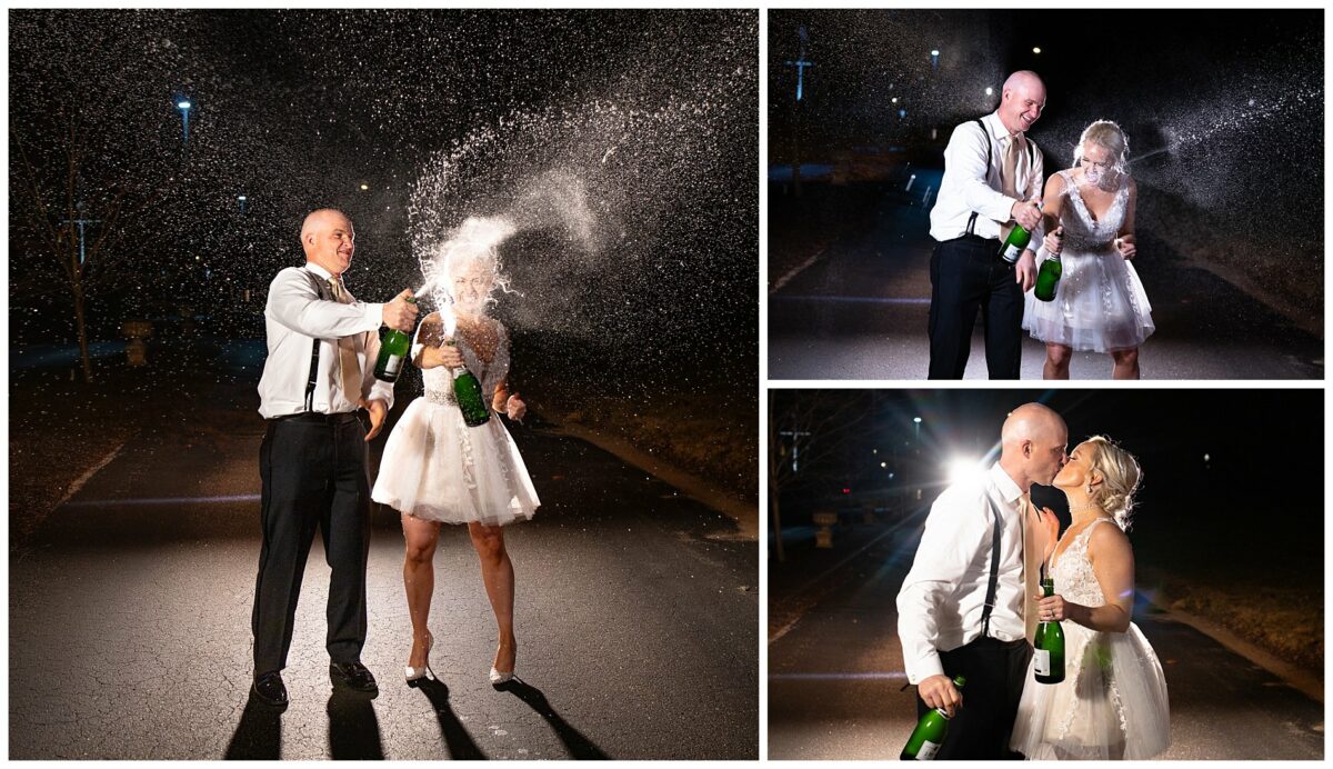wedding couple at end of night with champagne spray in wells, maine