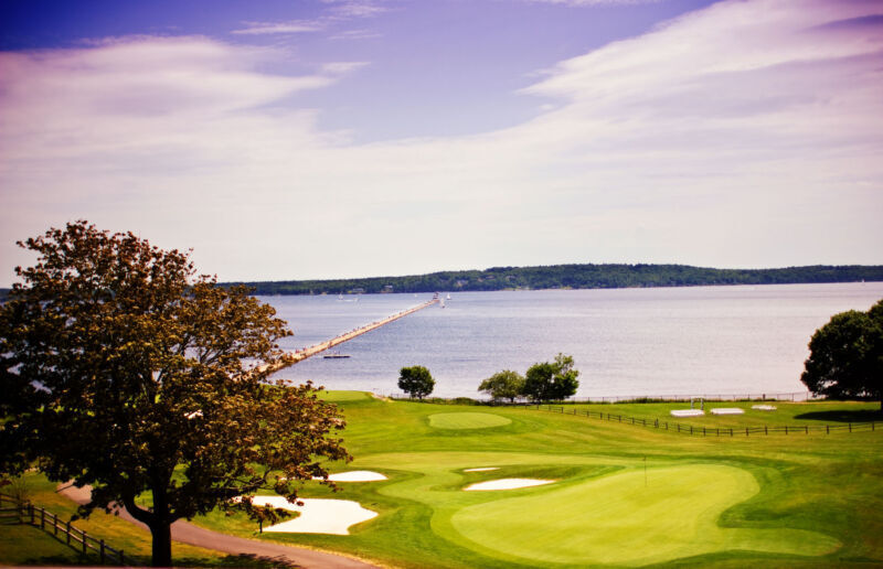 Samoset Resort offers scenic wedding venue in Rockport Scenic view of Samoset Resort with a lush golf course and ocean backdrop ideal for weddings in Rockport Maine; perfect for wedding photography sessions.