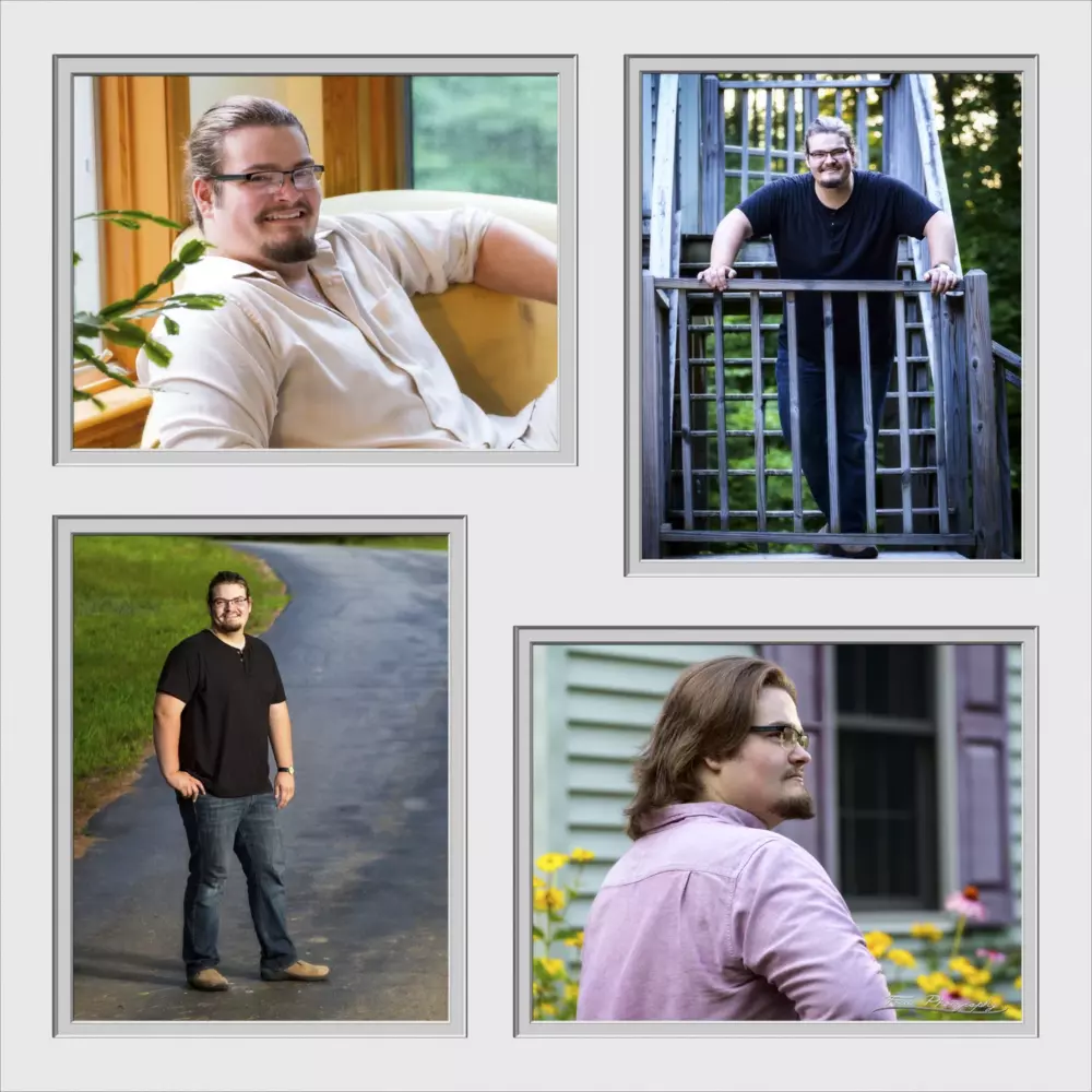 collage of boy at home for senior pictures in maine