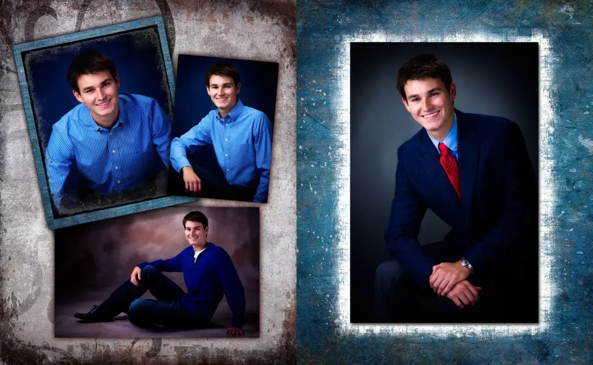 collage of boy wearing suit, coat, and tie for senior pictures at maine photography studio