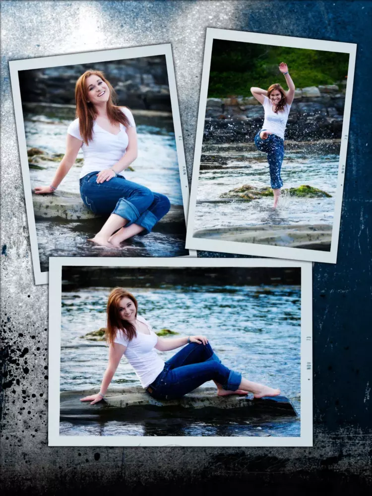 collage of greely high school girl at senior pictures at the beach in maine