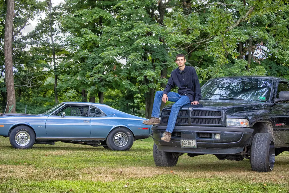 gorham high school senior pictures of boy with truck and drag race car