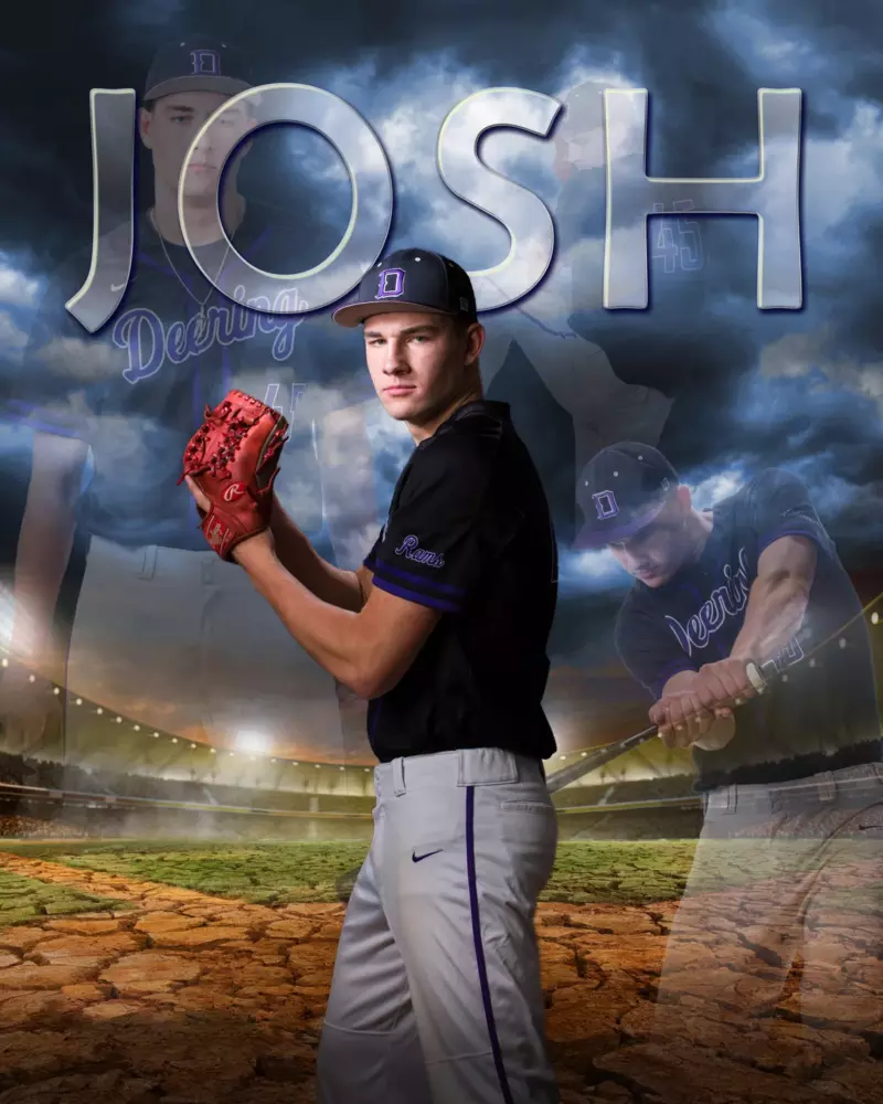 sports poster photography of high school senior boy with baseball on pitching mound