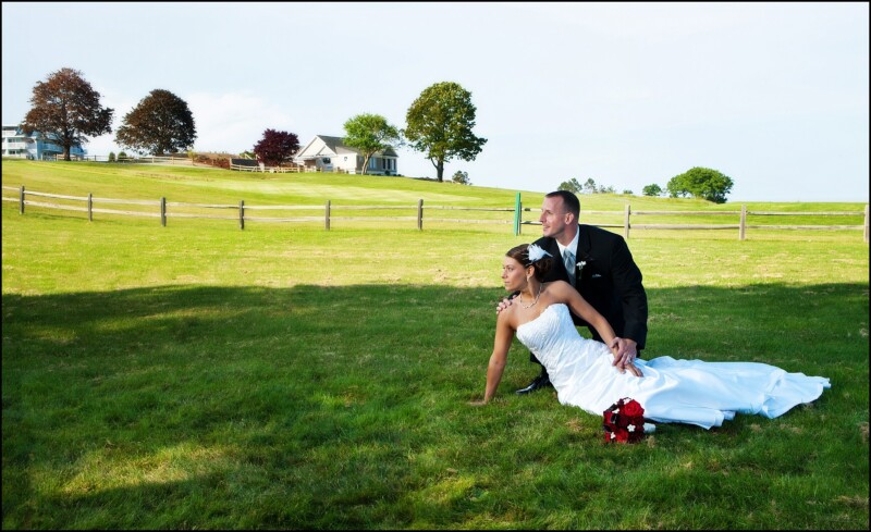 bride and groom on lawn at samoset