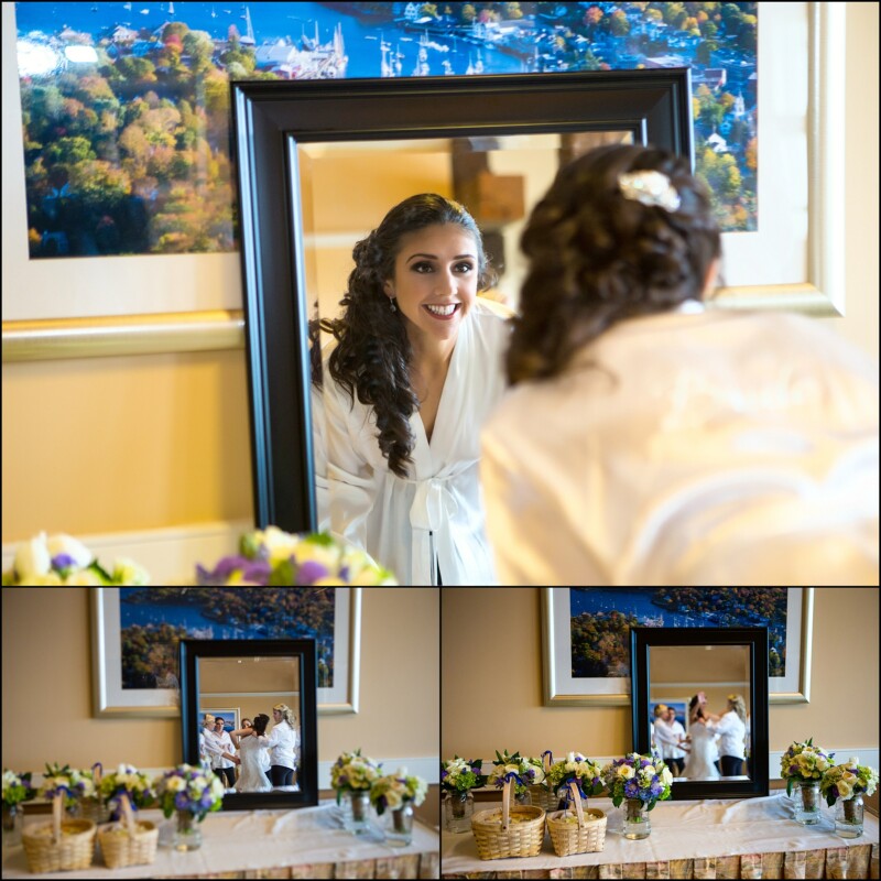 bride looking in mirror at makeup