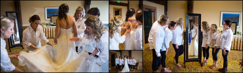 bridesmaids hep bride into dress at samoset wedding