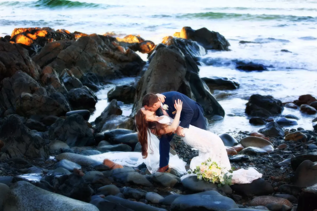 Wedding couple beach rocks ogunquit maine