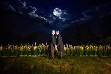 wedding photo of two gay grooms at new hampshire wedding