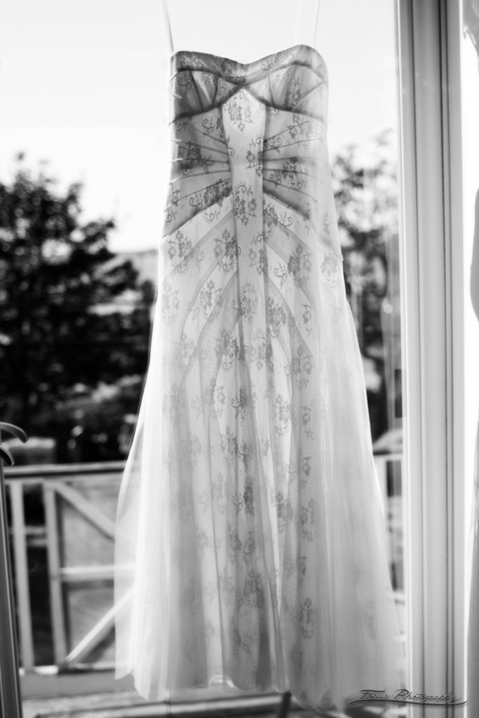 Hanging wedding dress in black and white from Maine wedding