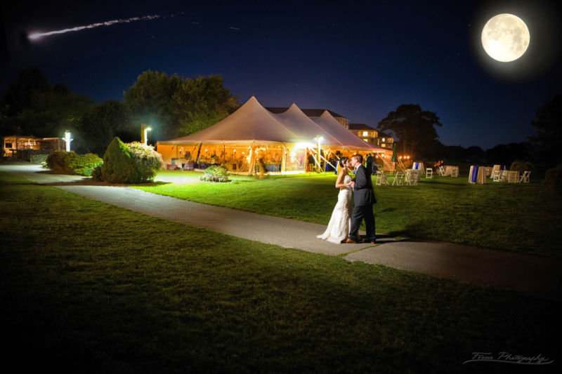 Bride and Groom outside their reception party at Samoset Resort Wedding in Rockport, Maine