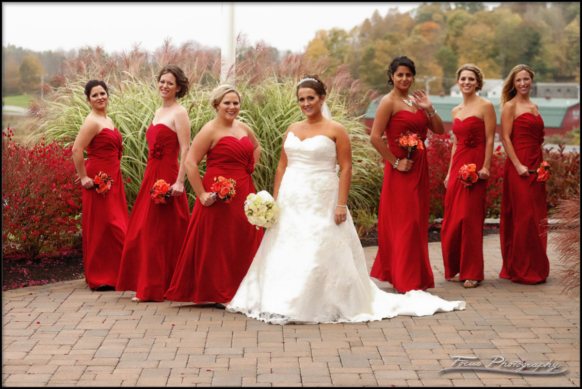 Bride with Bridesmaids at Red Barn at Outlook Farm wedding