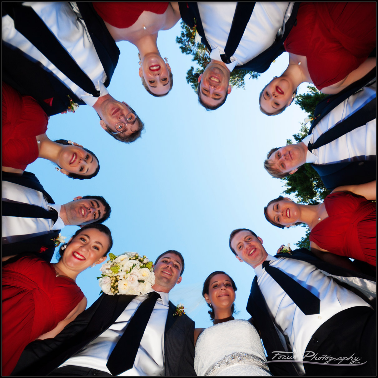 bridal party shot from below