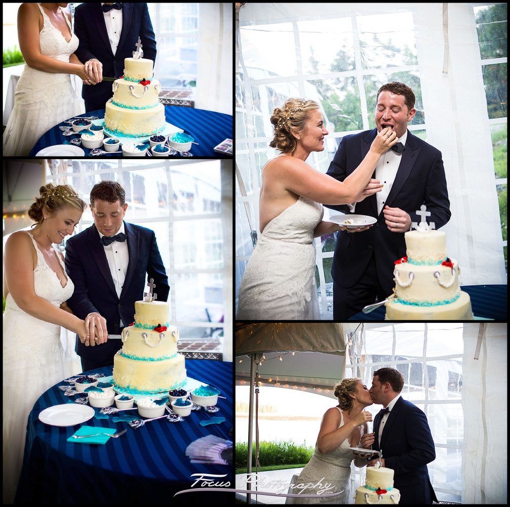 David and Liz feed each other wedding cake at Grey Havens Inn wedding.