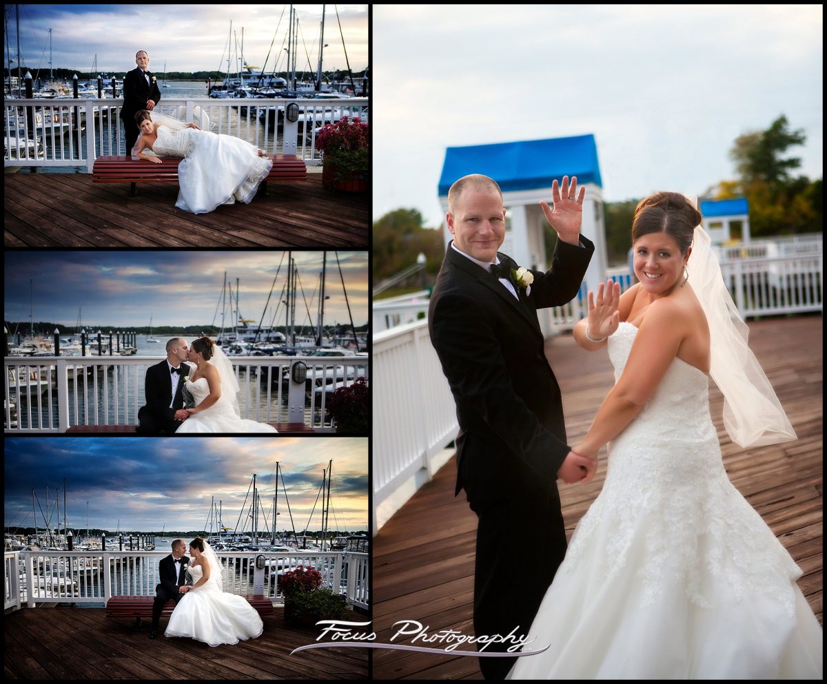 bride and groom at Wentworth Marina for wedding pictures by Wentworth by the sea wedding photographers Will and Lucia of Focus Photography