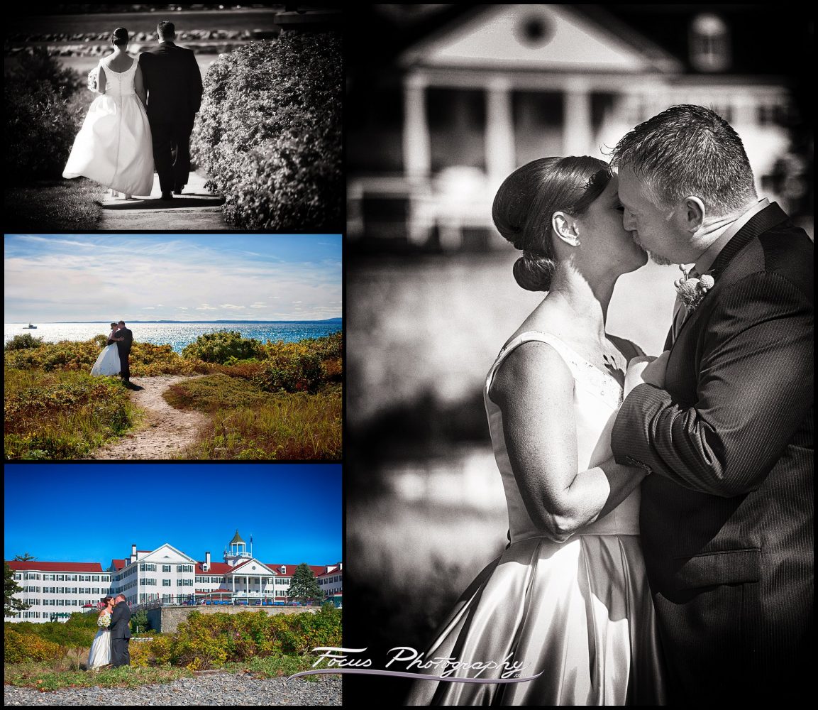 bride and groom portraits at the ocean at Colony Hotel wedding in Kennebunkport, Maine