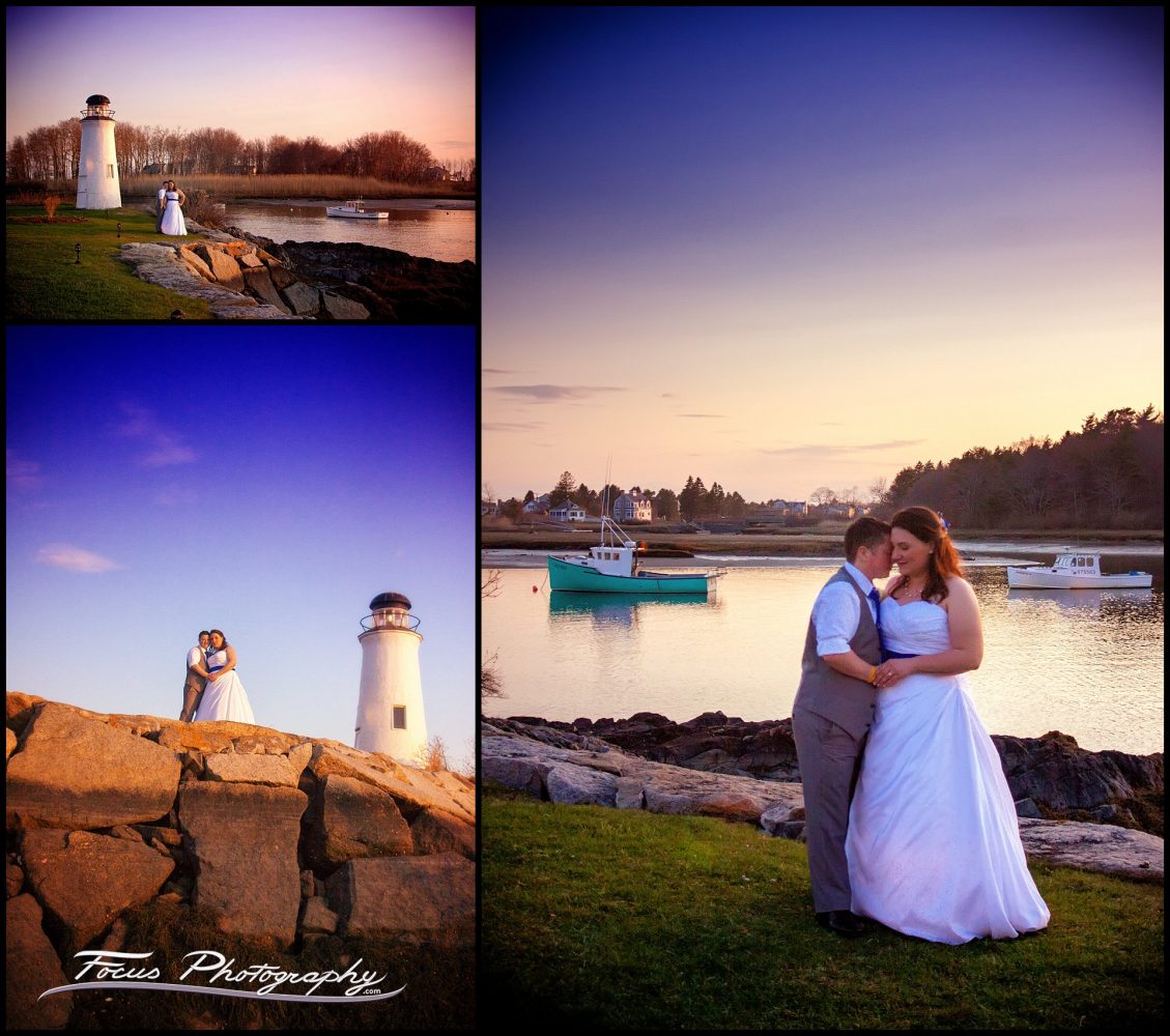 sunset wedding pictures of bride and groom at the Nonantum resort in Kennebunkport, Maine