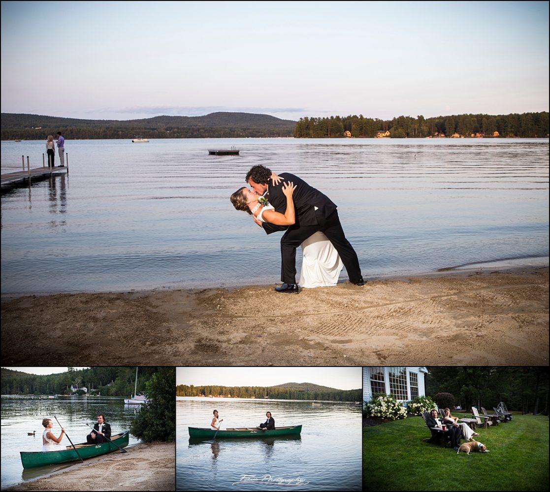 bride and groom in a canoe at Back Yard Wedding on Province Lake in New Hampshire