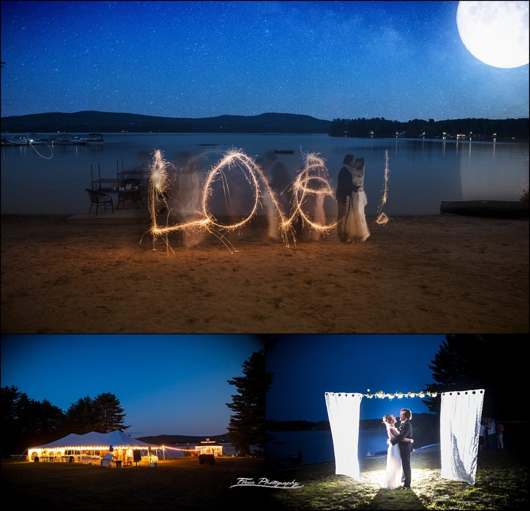 sparkler writing for Back Yard Wedding on Province Lake in New Hampshire