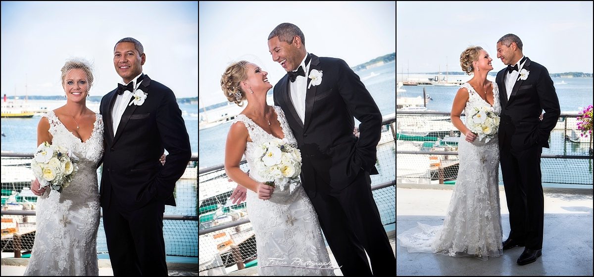 bride and groom at DiMillos floating restaurant wedding in Portland, Maine